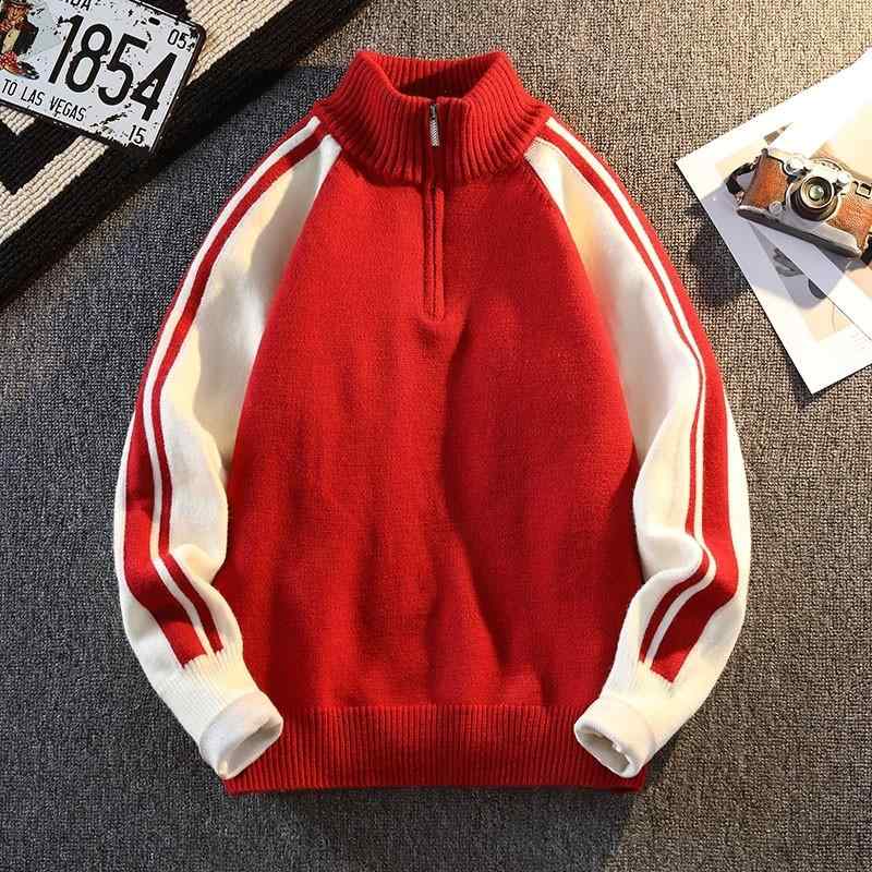 秋冬 コーデ メンズ 服 シンプル ファッション オシャレ 大人 かっこいい 大きいサイズ ストリート 紳士服 ハーフ ジップ ハイネック プルオーバー カジュアル トップス スリーブ ストライプ ニット セーター 長袖