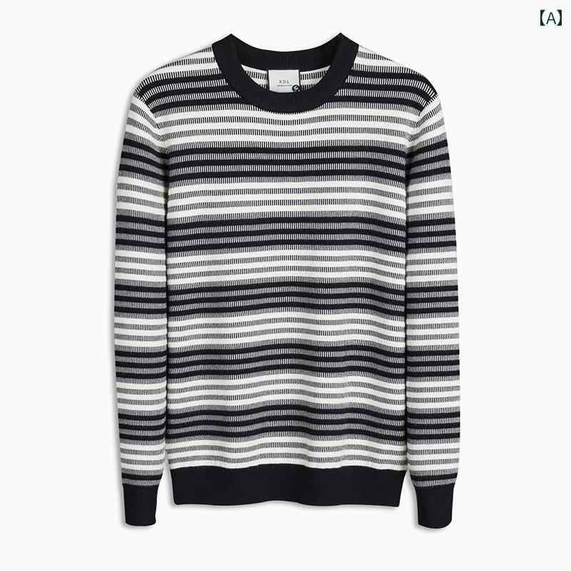 秋冬 コーデ メンズ 服 シンプル ファッション オシャレ 大人 かっこいい 大きいサイズ ストリート 紳士服 アメリカン レトロ ストライプ ジャカード 長袖 セーター ラウンドネック プルオーバー ファッションカレッジ