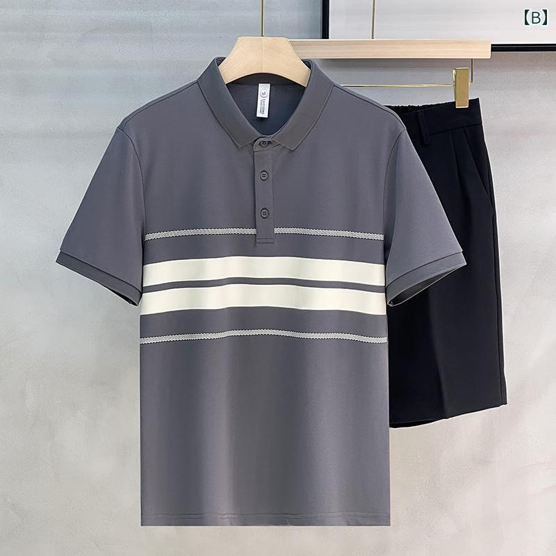秋冬 コーデ メンズ 服 シンプル ファッション オシャレ 大人 かっこいい 大きいサイズ ストリート 紳士服 ストライプ 半袖 ポロシャツ T シャツ カジュアル トップス