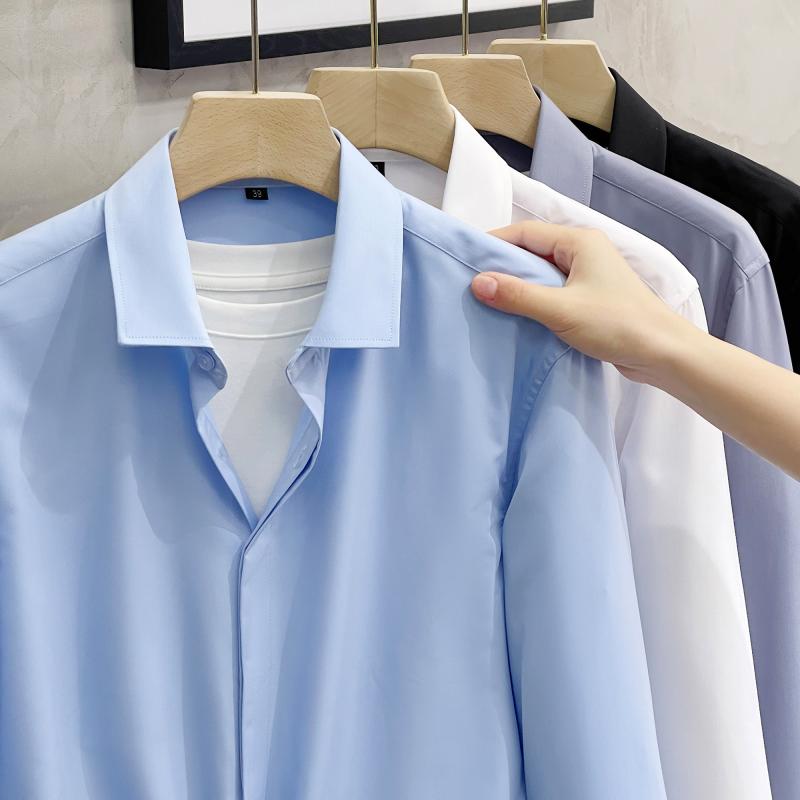 秋冬 コーデ メンズ 服 シンプル ファッション オシャレ 大人 かっこいい 大きいサイズ ストリート 紳士服 ハイエンド シルケット 抗シワ シャツ 長袖 スリム ストレッチ ビジネス カジュアル シャツ