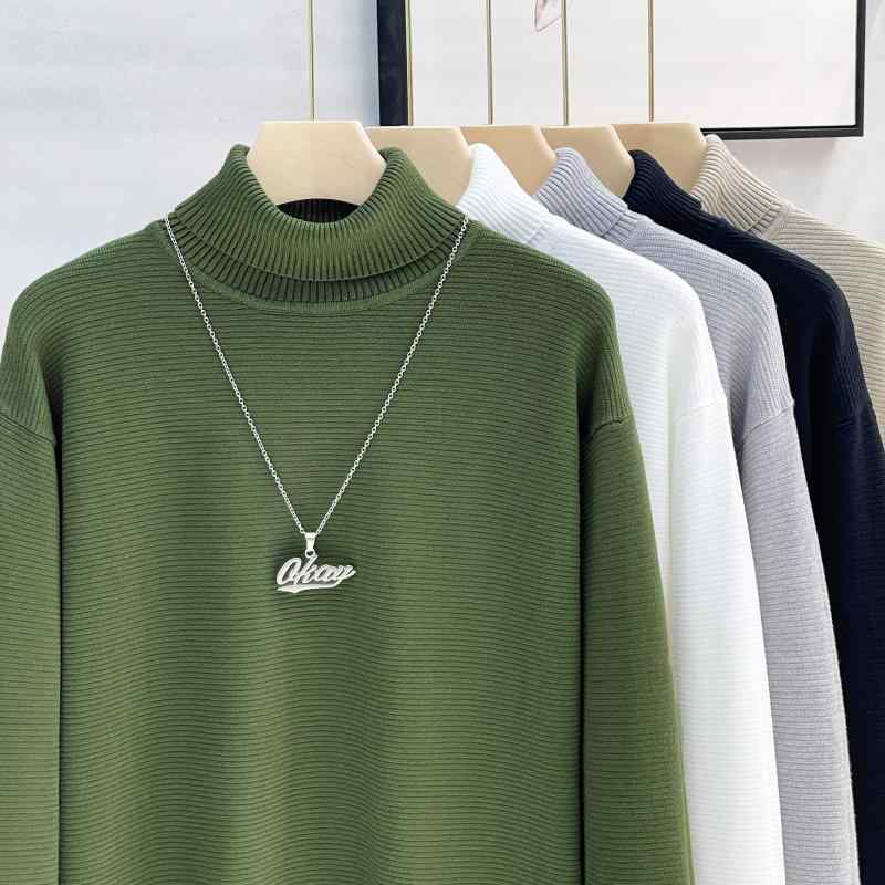 秋冬 コーデ メンズ 服 シンプル ファッション オシャレ 大人 かっこいい 大きいサイズ ストリート 紳士服 ダーク タートルネック セーター カジュアル スリム レイヤリング セーター ニット 黒 白