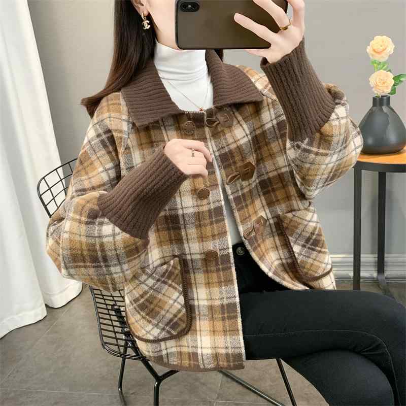 春 コーデ レディース ファッション オシャレ カワイイ シンプル きれいめ ナチュラル 上品カジュアル 婦人服 バット スリーブ チェック柄 ニット ウール 厚手 コート スリム トップス