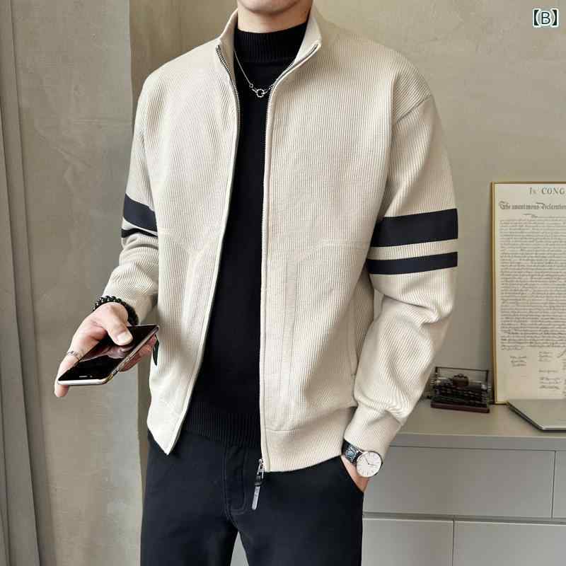 秋冬 コーデ メンズ 服 シンプル ファッション オシャレ 大人 かっこいい 大きいサイズ ストリート 紳士服 スタンドカラー ニットカーディガン ジャケット アウター カジュアル ハイエンド アウター セーター