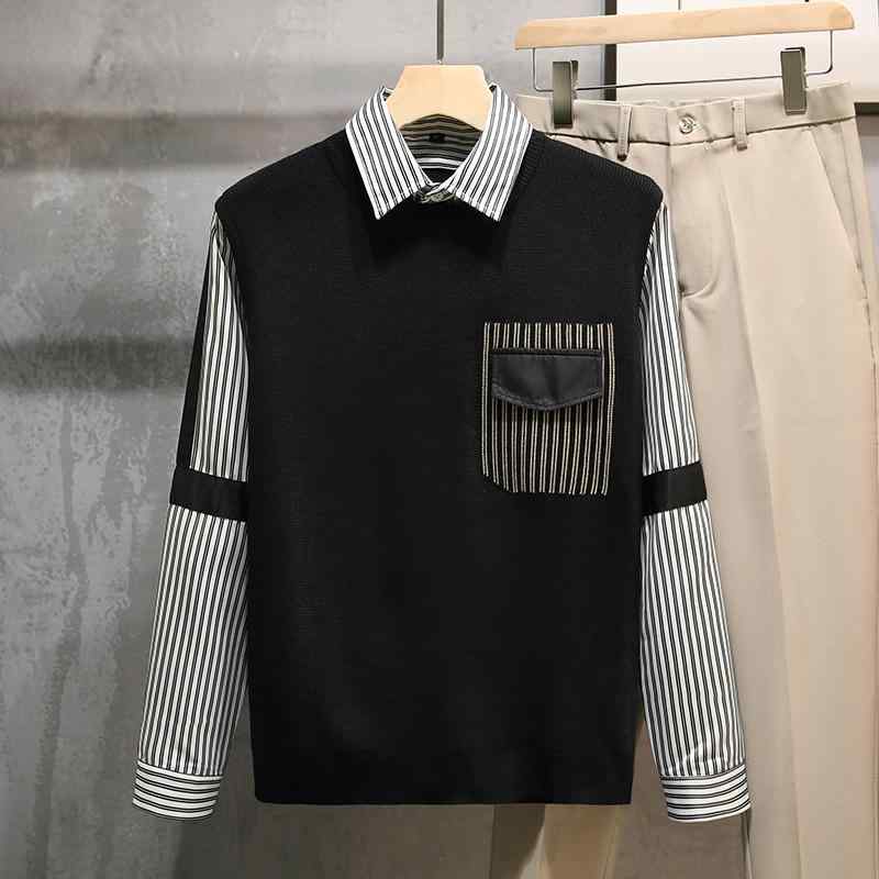 秋冬 コーデ メンズ 服 シンプル ファッション オシャレ 大人 かっこいい 大きいサイズ ストリート 紳士服 ストライプシャツ セーター フェイク ツーピース(4)