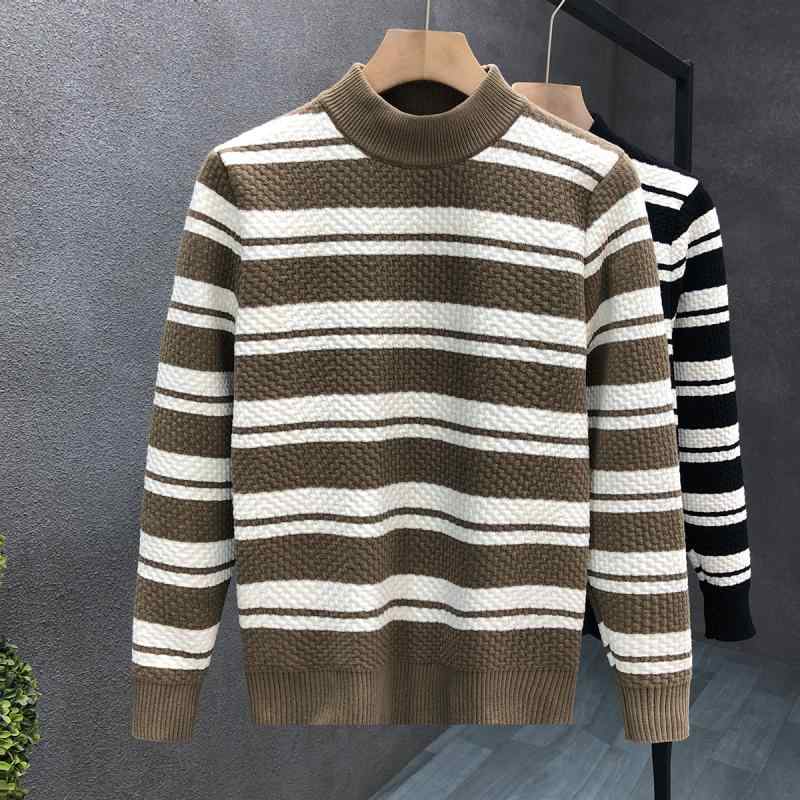 秋冬 コーデ メンズ 服 シンプル ファッション オシャレ 大人 かっこいい 大きいサイズ ストリート 紳士服 ハーフ タートルネック ストライプ セーター 暖かい ニット トップス