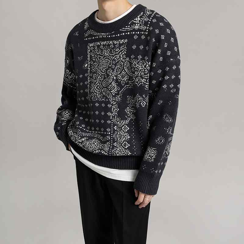 秋冬 コーデ メンズ 服 シンプル ファッション オシャレ 大人 かっこいい 大きいサイズ ストリート 紳士服 ライト セーター ラウンドネック エスニック ニット レイヤリング シャツ トップス