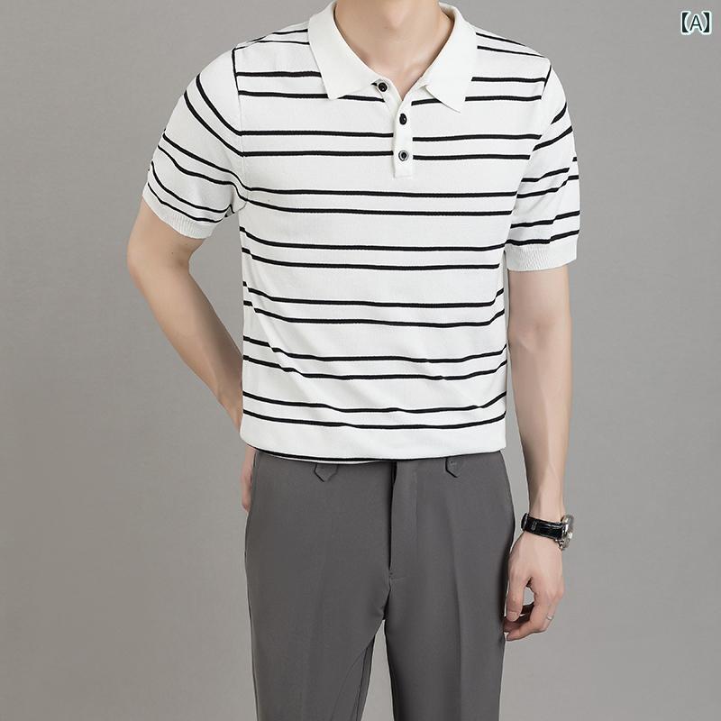 秋冬 コーデ メンズ 服 シンプル ファッション オシャレ 大人 かっこいい 大きいサイズ ストリート 紳士服 ストライプ ポロシャツ スリム トップス 半袖 T シャツ