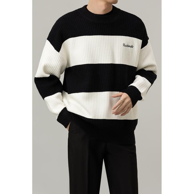 秋冬 コーデ メンズ 服 シンプル ファッション オシャレ 大人 かっこいい 大きいサイズ ストリート 紳士服 カジュアル 暖かい ラウンドネック セーター ストライプ セーター