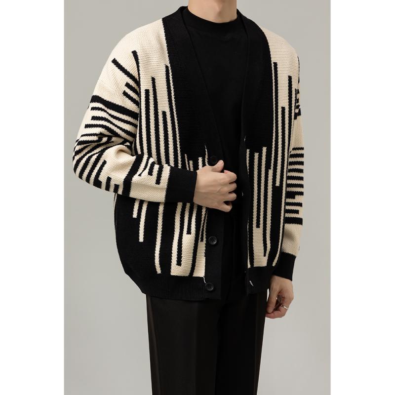 秋冬 コーデ メンズ 服 シンプル ファッション オシャレ 大人 かっこいい 大きいサイズ ストリート 紳士服 ストライプニット セーター Vネックカーディガン ジャケット アウター(4)