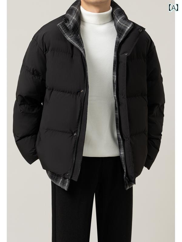 秋冬 コーデ メンズ 服 シンプル ファッション オシャレ 大人 かっこいい 大きいサイズ ストリート 紳士服 フェイク ツーピース コントラスト チェック柄 ダウン ジャケット アウター カジュアル 暖かい ダック