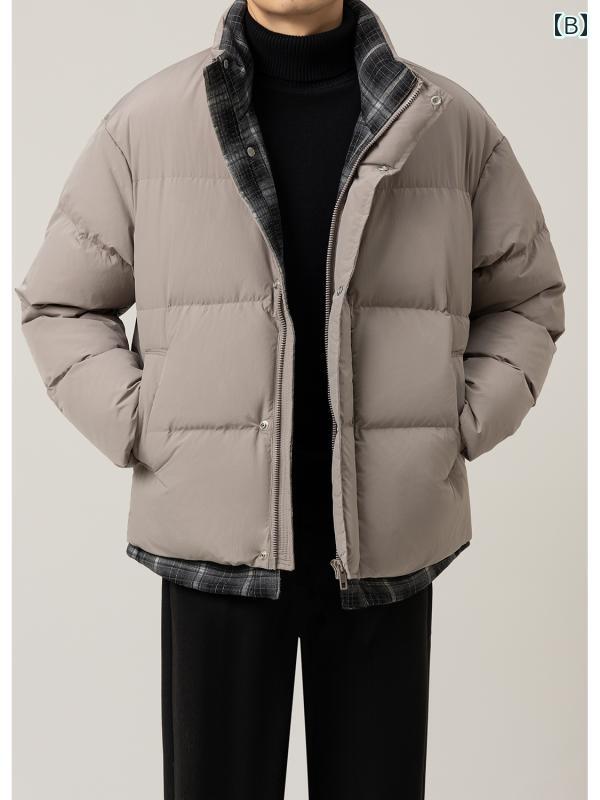 秋冬 コーデ メンズ 服 シンプル ファッション オシャレ 大人 かっこいい 大きいサイズ ストリート 紳士服 フェイク ツーピース コントラスト チェック柄 ダウン ジャケット アウター カジュアル 暖かい ダック
