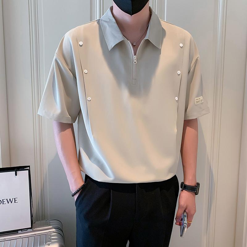 秋冬 コーデ メンズ 服 シンプル ファッション オシャレ 大人 かっこいい 大きいサイズ ストリート 紳士服 ハイエンド ハーフ ジップポロシャツ 半袖 T シャツ カジュアル トップス