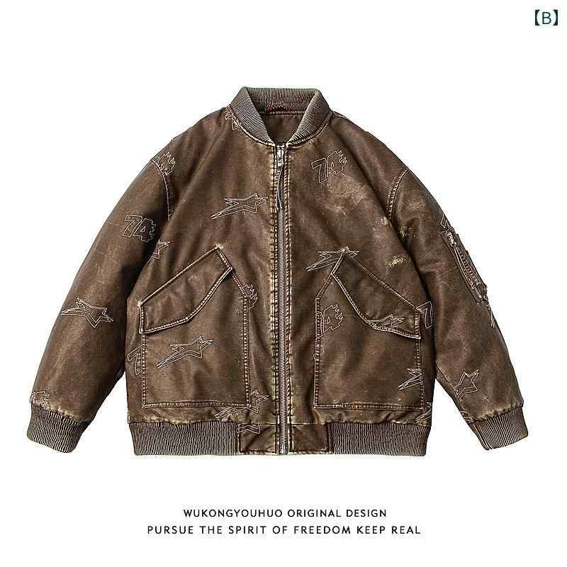 秋冬 コーデ メンズ 服 シンプル ファッション オシャレ 大人 かっこいい 大きいサイズ ストリート 紳士服 アメリカン レトロ ダメージ加工 PU エコ レザー ダウン ジャケット アウター