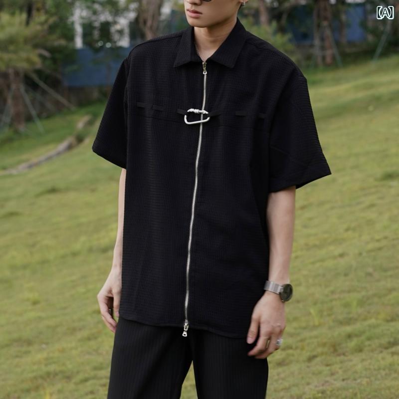 秋冬 コーデ メンズ 服 シンプル ファッション オシャレ 大人 かっこいい 大きいサイズ ストリート 紳士服 ワッフル ハイエンド ジッパー 半袖 シャツ カジュアル