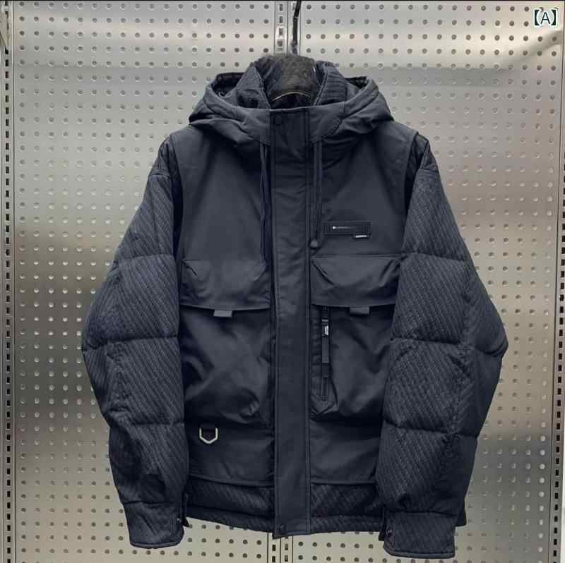 秋冬 コーデ メンズ 服 シンプル ファッション オシャレ 大人 かっこいい 大きいサイズ ストリート 紳士服 フード付き フェイク ツーピース ダウン ジャケット アウター ホワイトダックダウン 暖かい トップス