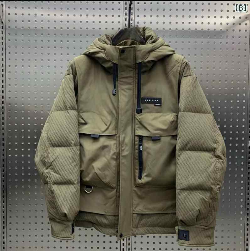 秋冬 コーデ メンズ 服 シンプル ファッション オシャレ 大人 かっこいい 大きいサイズ ストリート 紳士服 フード付き フェイク ツーピース ダウン ジャケット アウター ホワイトダックダウン 暖かい トップス