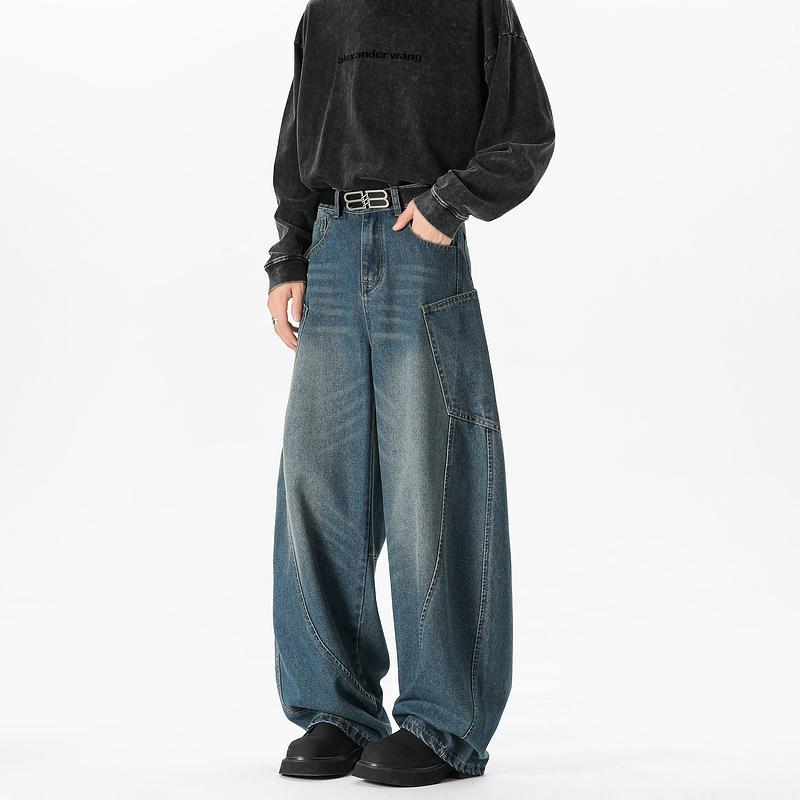 秋冬 コーデ メンズ 服 シンプル ファッション オシャレ 大人 かっこいい 大きいサイズ ストリート 紳士服 ビッグ ポケット ジーンズ アメリカン レトロ ワークウェア ワイド レッグ パンツ