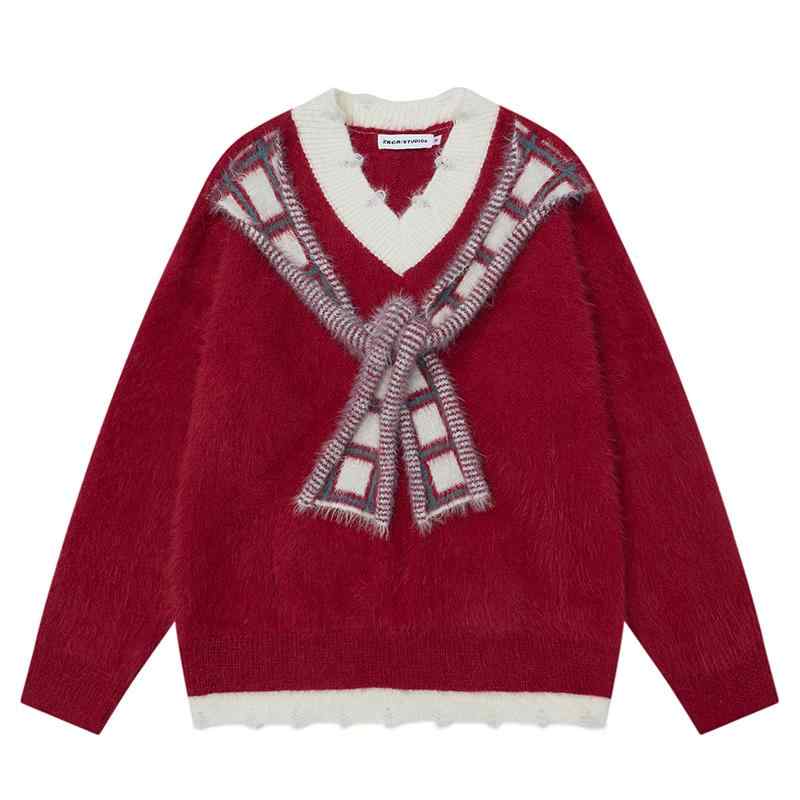 秋冬 コーデ メンズ 服 シンプル ファッション オシャレ 大人 かっこいい 大きいサイズ ストリート 紳士服 レディース レトロ 赤 Vネック セーター ユニ...