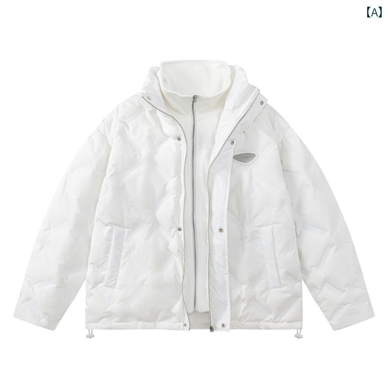 秋冬 コーデ メンズ 服 シンプル ファッション オシャレ 大人 かっこいい 大きいサイズ ストリート 紳士服 ハイエンド スタンドカラー フェイク ツーピース 90 ホワイトダック ダウン ジャケット アウター 暖かい トップス