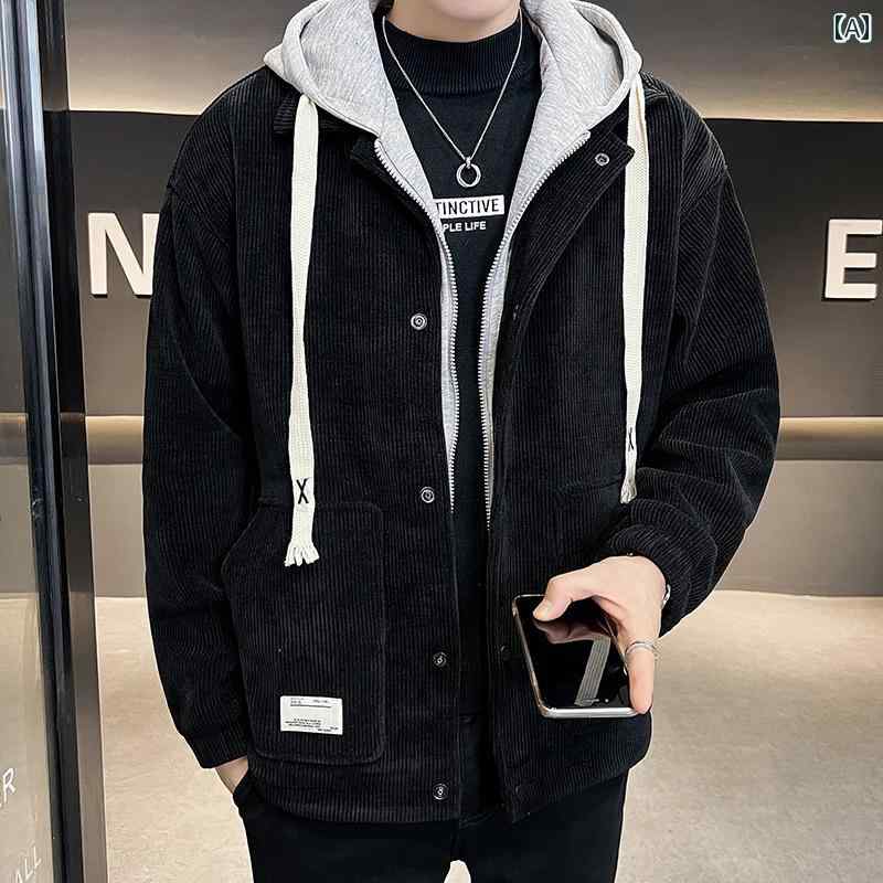 秋冬 コーデ メンズ 服 シンプル ファッション オシャレ 大人 かっこいい 大きいサイズ ストリート 紳士服 フェイク ツーピース ジャケット アウター フード付き コーデュロイ 暖かい