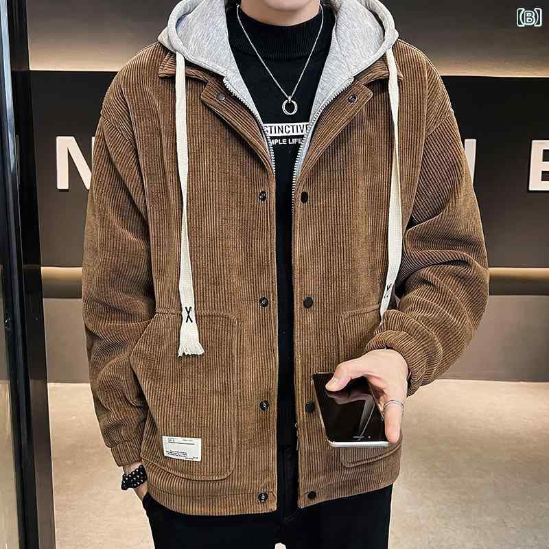秋冬 コーデ メンズ 服 シンプル ファッション オシャレ 大人 かっこいい 大きいサイズ ストリート 紳士服 フェイク ツーピース ジャケット アウター フード付き コーデュロイ 暖かい