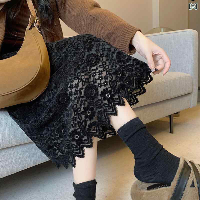 秋冬 コーデ レディース ファッション オシャレ アイテム 服 カワイイ シンプル 大人カワイイ 大きいサイズ 黒 ニット レース スカート ストレッチ ハイウエスト スリム ミドル丈 Aライン カート