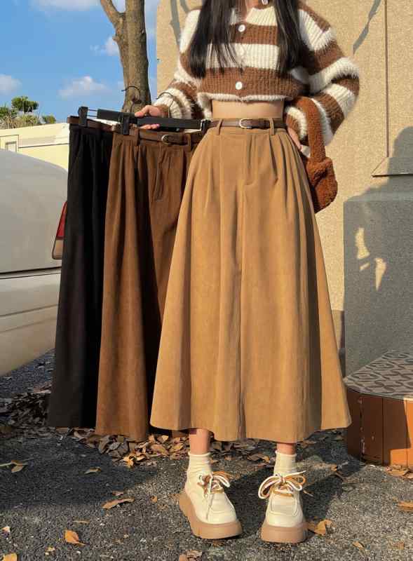 楽天リコット秋冬 コーデ レディース ファッション オシャレ アイテム 服 カワイイ シンプル 大人カワイイ 大きいサイズ コーデュロイスカート ハイウエスト 着痩せ ミドル丈 Aライン スカート