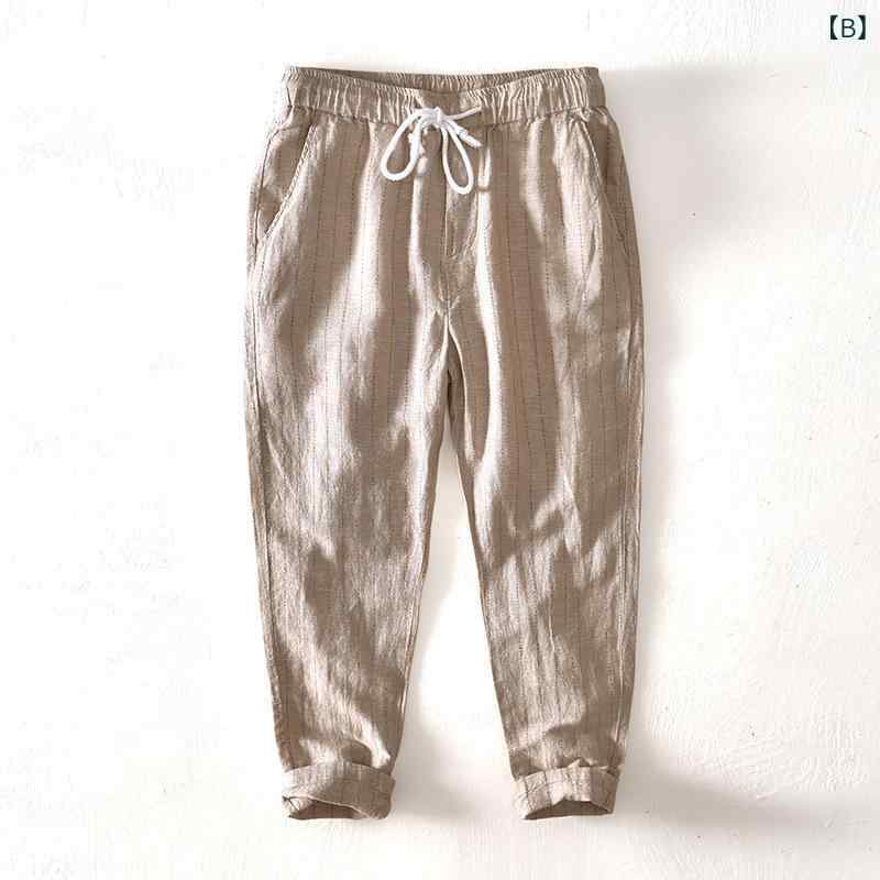 リコットのメンズ 9分丈丈パンツ 綿　麻 リネン ゆったり ストライプ 夏 夏 カジュアル 着回し抜群｜アングル3