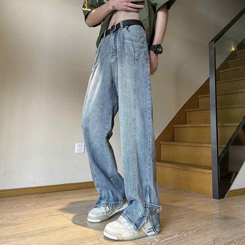 秋冬 コーデ メンズ 服 シンプル ファッション オシャレ 大人 かっこいい 大きいサイズ ストリート 紳士服 ストリート アメリカン レトロ ジッパー スリット ウォッシュ ジーンズ 春 ストレート レッグ ゆったり ワイド カジュアル ロング パンツ