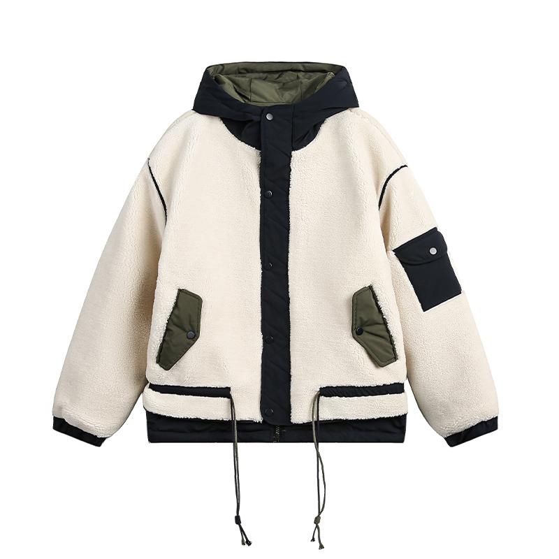 秋冬 コーデ メンズ 服 シンプル ファッション オシャレ 大人 かっこいい 大きいサイズ ストリート 紳士服 冬 カラー ブロック ラム フード付き コットンコート