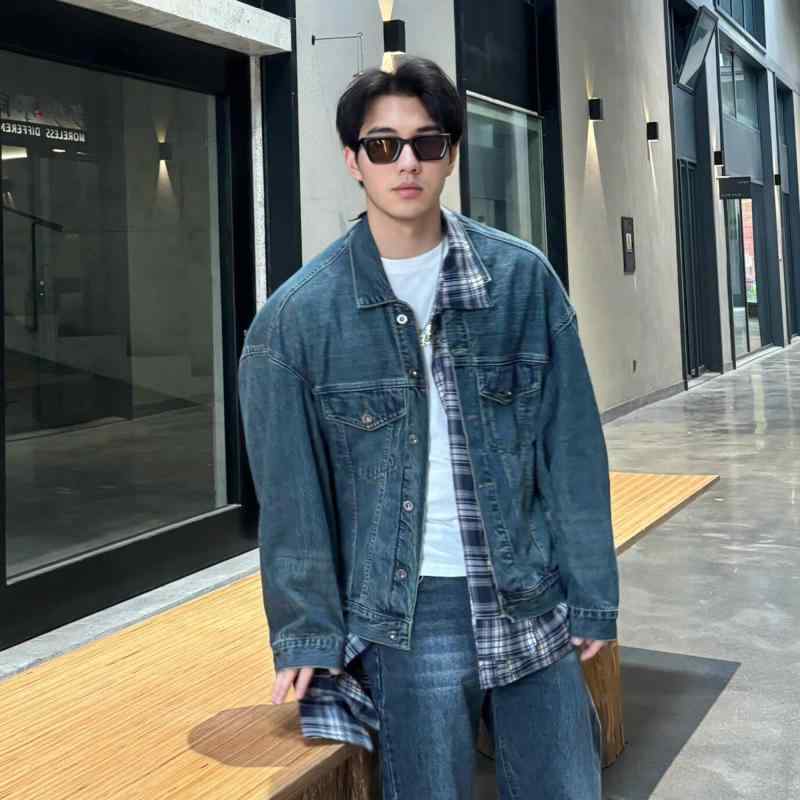 秋冬 コーデ メンズ 服 シンプル ファッション オシャレ 大人 かっこいい 大きいサイズ ストリート 紳士服 アメリカン レトロ チェック柄 フェイク ツーピース ハイエンド デニム ジャケット カジュアル ジャケット