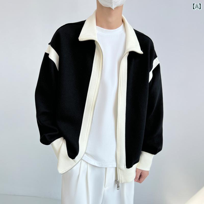 秋冬 コーデ メンズ 服 シンプル ファッション オシャレ 大人 かっこいい 大きいサイズ ストリート 紳士服 ダブル ジッパー ジャケット 長袖 カジュアル カラー ブロック ニットカーディガン 春