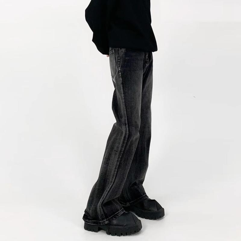 秋冬 コーデ メンズ 服 シンプル ファッション オシャレ 大人 かっこいい 大きいサイズ ストリート 紳士服 アメリカン レトロ ウォッシュド グレー ダメージ フレア ジーンズ ストレート カジュアル ロング パンツ(4)