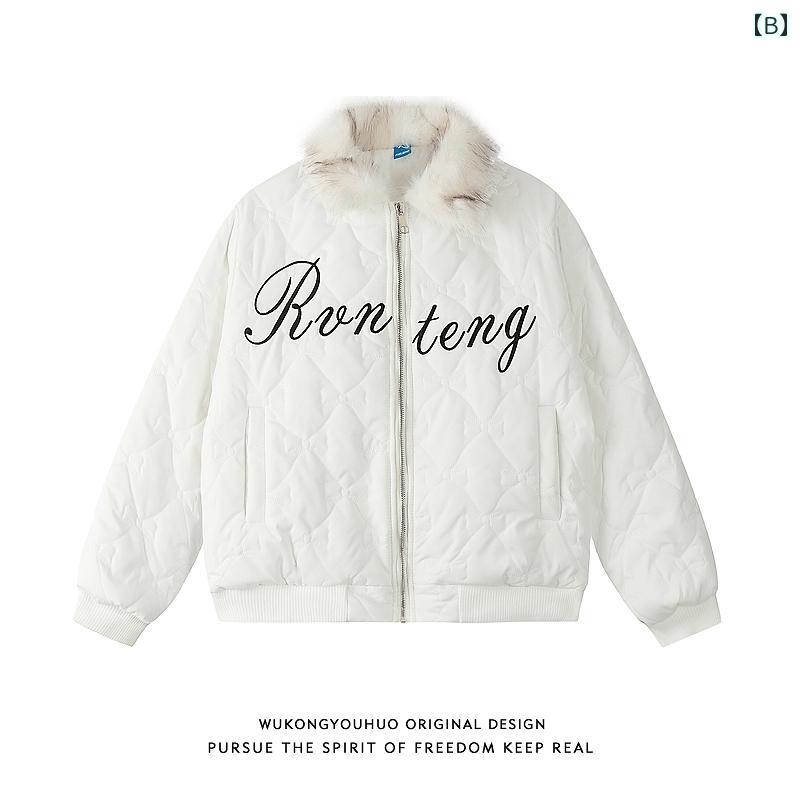 秋冬 コーデ メンズ 服 シンプル ファッション オシャレ 大人 かっこいい 大きいサイズ ストリート 紳士服 アメリカン レトロ 文字 ファー 襟 コットン コート カップル ウェア ゆったり 厚手 暖かい