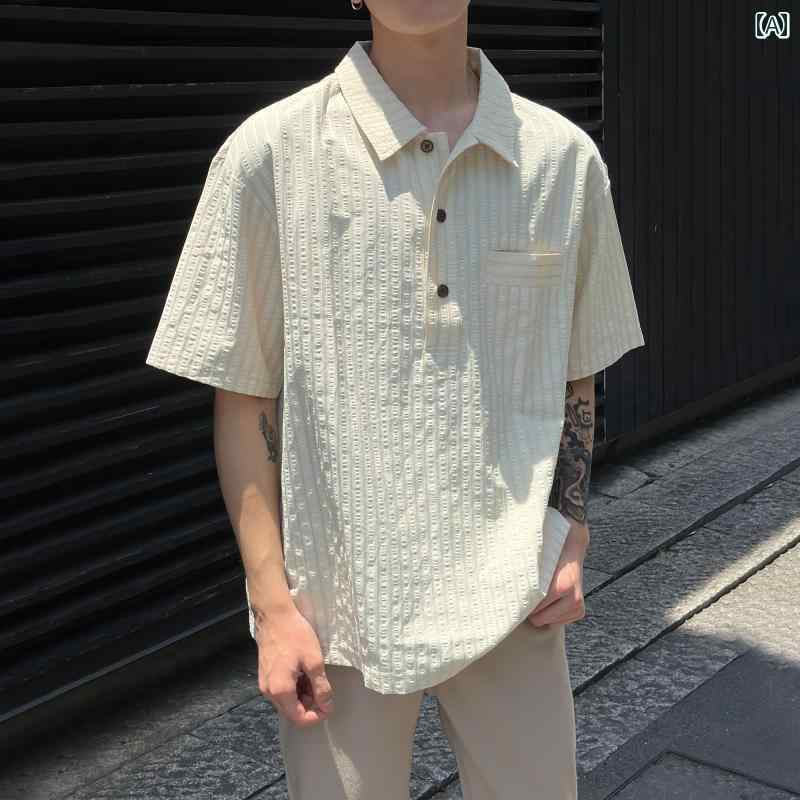 秋冬 コーデ メンズ 服 シンプル ファッション オシャレ 大人 かっこいい 大きいサイズ ストリート 紳士服 ハイエンド ストライプ ポロシャツ 半袖 T シャツ 韓国スタイル カジュアル