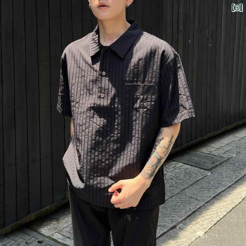 秋冬 コーデ メンズ 服 シンプル ファッション オシャレ 大人 かっこいい 大きいサイズ ストリート 紳士服 ハイエンド ストライプ ポロシャツ 半袖 T シャツ 韓国スタイル カジュアル