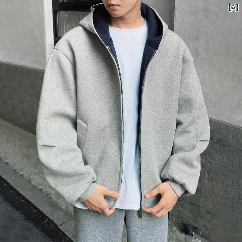 秋冬 コーデ メンズ 服 シンプル ファッション オシャレ 大人 かっこいい 大きいサイズ ストリート 紳士服 アメリカン ハイエンド コントラスト ダブル ジッパー フード付き カーディガン スウェットシャツ カジュアル ジャケット