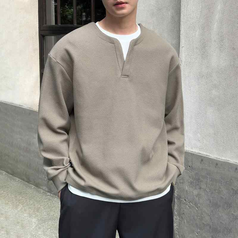 秋冬 コーデ メンズ 用 服 シンプル ファッション オシャレ 大人 かっこいい 大きいサイズ ストリート 紳士服 ハイエンド Vネック フェイク ツーピース スウェットシャツ 長袖 レイヤリング シャツ T トップス