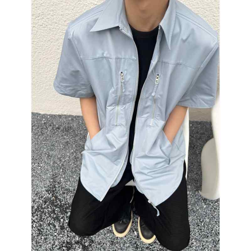 秋冬 コーデ メンズ 用 服 シンプル ファッション オシャレ 大人 かっこいい 大きいサイズ ストリート 紳士服 ショルダーパッド ジッパー ハイエンド 半袖 シャツ カジュアル ジャケット