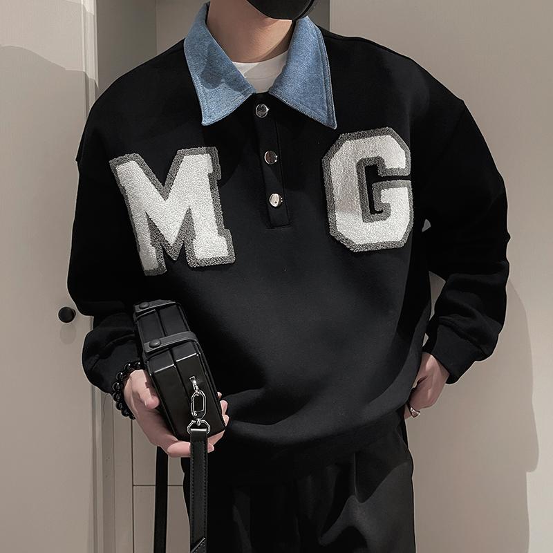 秋冬 コーデ メンズ 服 シンプル ファッション オシャレ 大人 かっこいい 大きいサイズ ストリート 紳士服 黒 スウェットシャツ ポロ カラー アメリカン トップス プルオーバー ジャケット