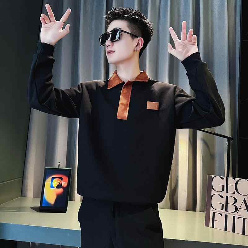 秋冬 コーデ メンズ 服 シンプル ファッション オシャレ 大人 かっこいい 大きいサイズ ストリート 紳士服 カラー ブロック スウェットシャツ 長袖 スリム ハイエンド ストリートウェア ポロ シャツ