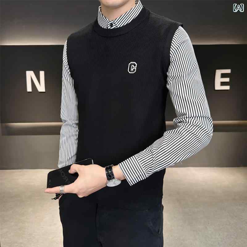 秋冬 コーデ メンズ 服 シンプル ファッション オシャレ 大人 かっこいい 大きいサイズ ストリート 紳士服 フェイク ツーピース セーター スリムフィット ハイエンド ストライプ シャツ カラー トップス