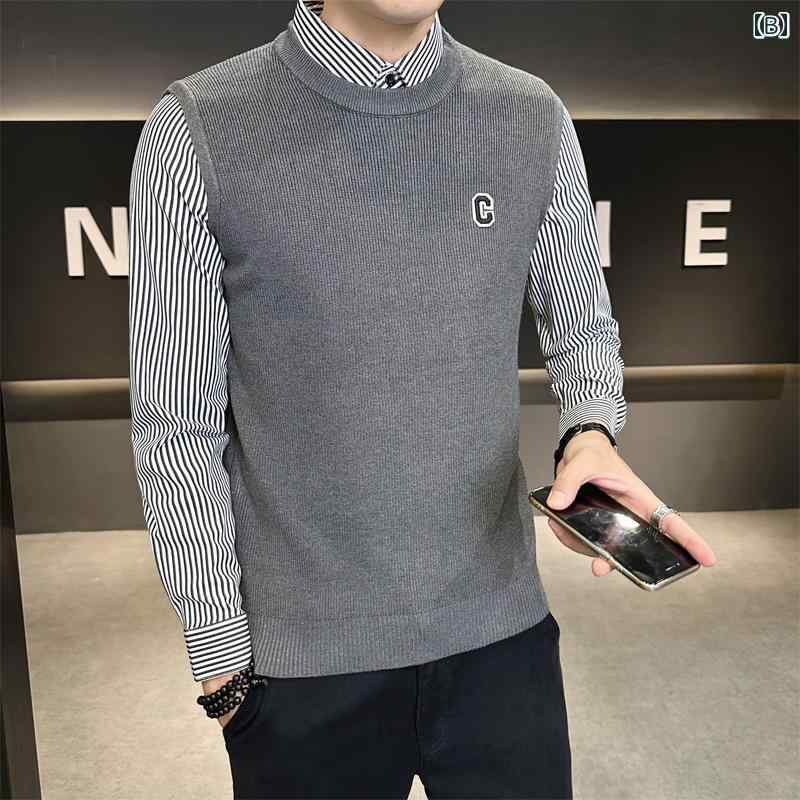 秋冬 コーデ メンズ 服 シンプル ファッション オシャレ 大人 かっこいい 大きいサイズ ストリート 紳士服 フェイク ツーピース セーター スリムフィット ハイエンド ストライプ シャツ カラー トップス