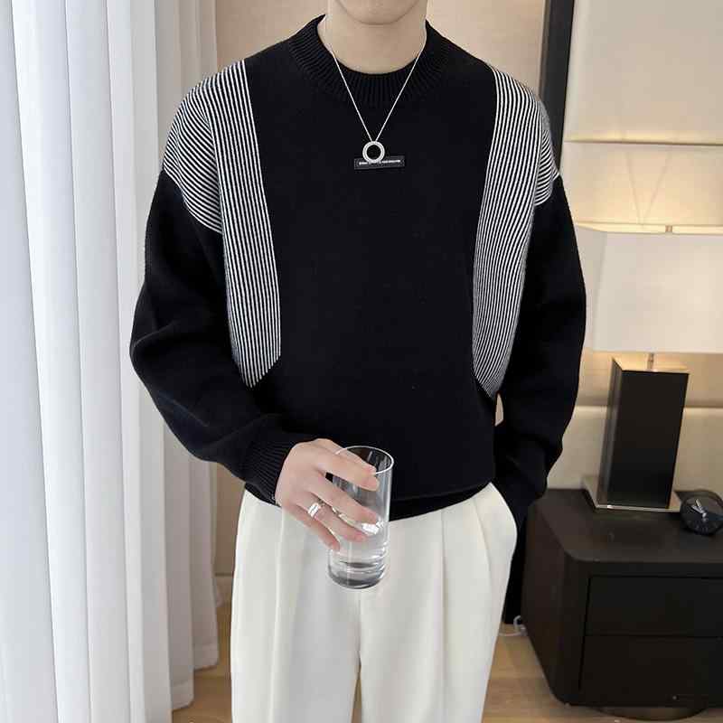 秋冬 コーデ メンズ 服 シンプル ファッション オシャレ 大人 かっこいい 大きいサイズ ストリート 紳士服 ストライプ セーター カジュアル ニット レイヤリング シャツ