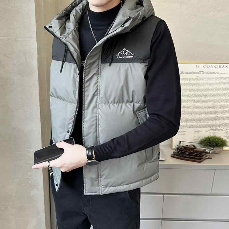 秋冬 コーデ メンズ 服 シンプル ファッション オシャレ 大人 かっこいい 大きいサイズ ストリート 紳士服 カラー ブロック ダウン ベスト フード付き カジュアル ワークウェア ハイエンド ジャケット