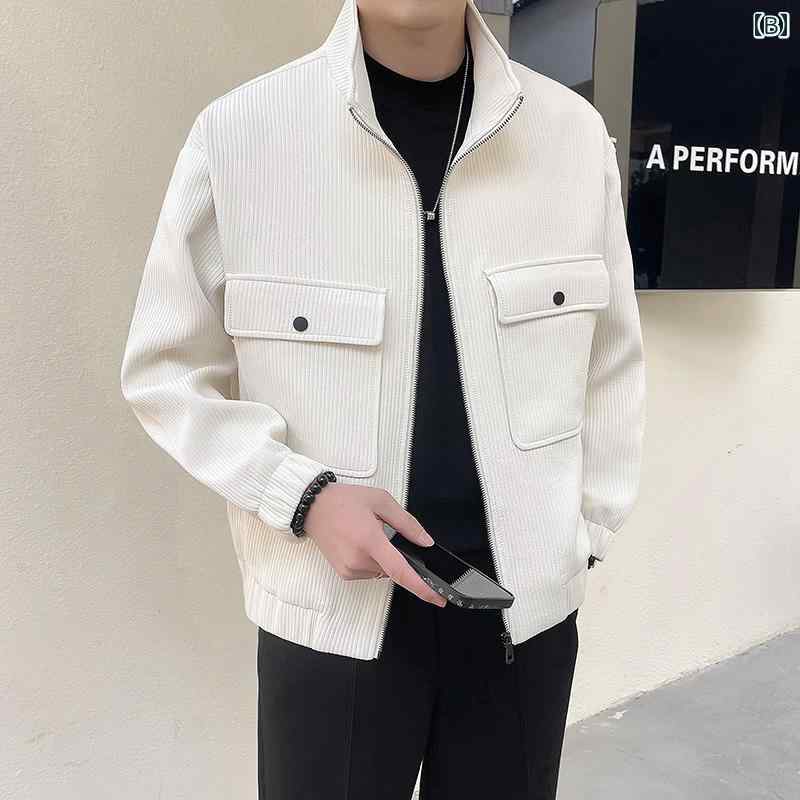 秋冬 コーデ メンズ 服 シンプル ファッション オシャレ 大人 かっこいい 大きいサイズ ストリート 紳士服 春 スタンドカラー ジャケット ワークウェア カジュアル ゆったり 快適 ストライプ トップス