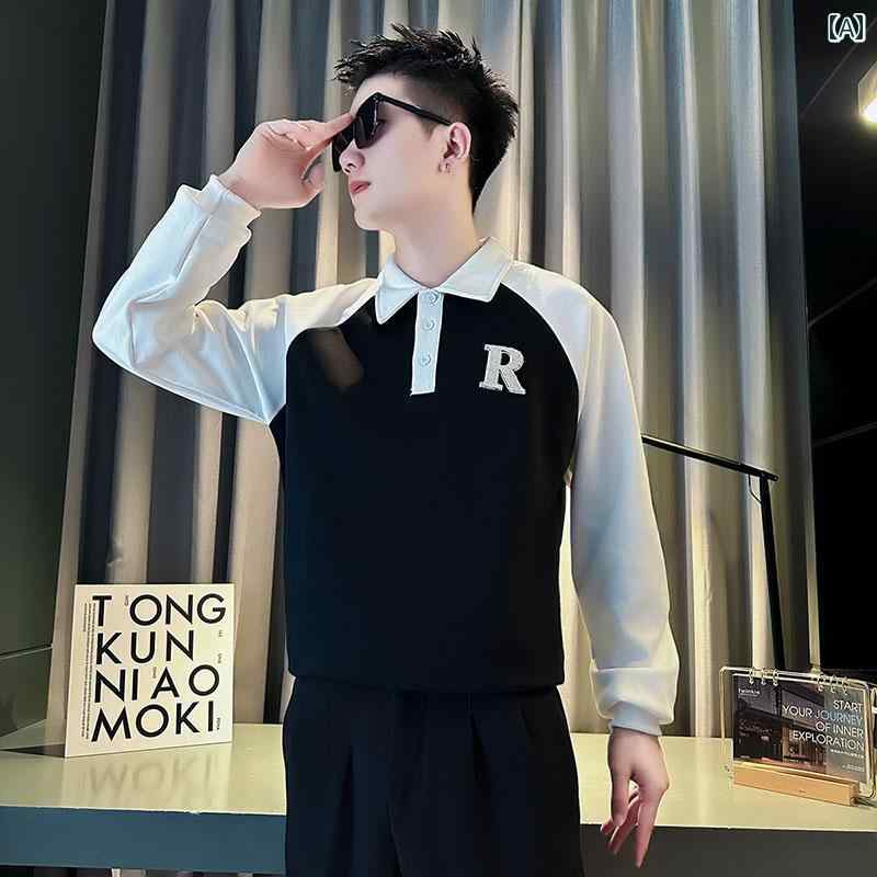 秋冬 コーデ メンズ 服 シンプル ファッション オシャレ 大人 かっこいい 大きいサイズ ストリート 紳士服 カラー ブロック スウェットシャツ ハイエンド ストリート 長袖 T シャツ ポロシャツ