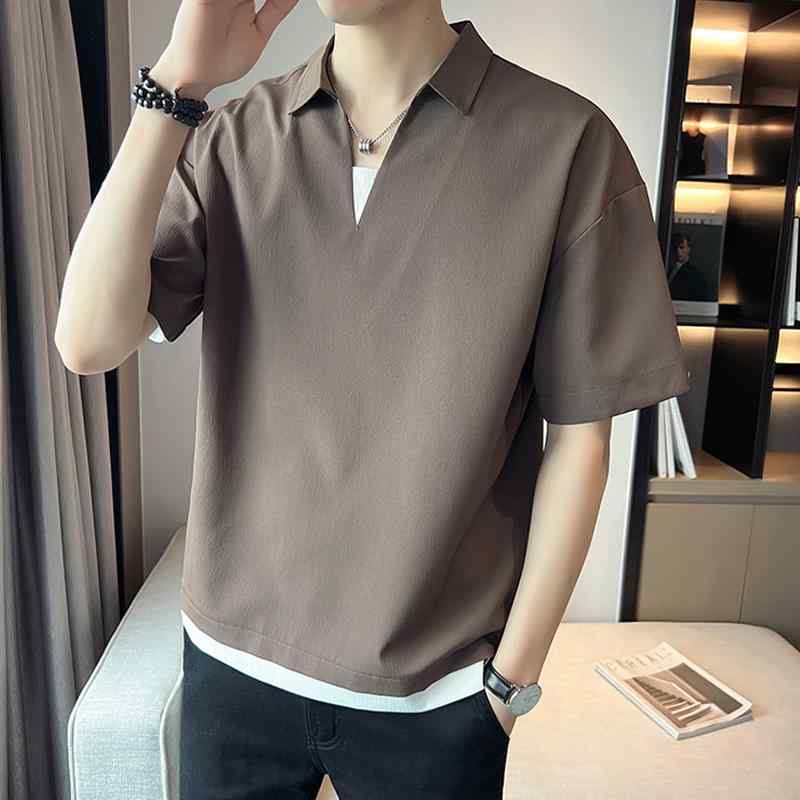 秋冬 コーデ メンズ 服 シンプル ファッション オシャレ 大人 かっこいい 大きいサイズ ストリート 紳士服 フェイク ツーピース 半袖 シャツ カジュアル 快適 Vネック トップス