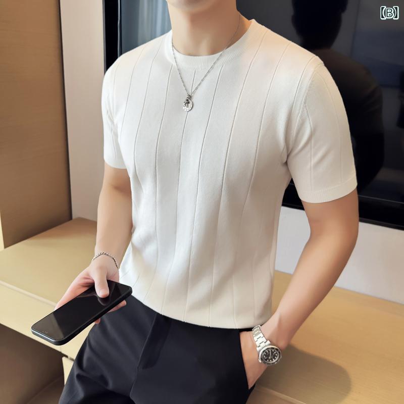 春 コーデ メンズ 服 シンプル ファッション オシャレ 大人 かっこいい 大きいサイズ ストリート 紳士服 ラウンドネック ニット 半袖 T シャツ 薄手 快適 通気性 無地 ハイエンド