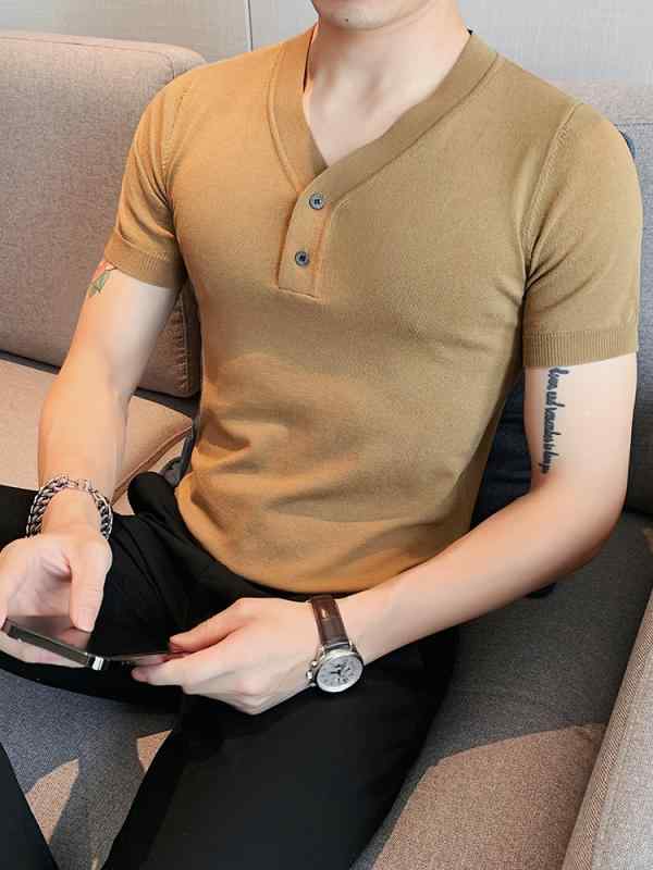 春 コーデ メンズ 服 シンプル ファッション オシャレ 大人 かっこいい 大きいサイズ ストリート 紳士服 Vネック T シャツ 半袖 薄手 スリム ハイエンド ニット カジュアル 快適